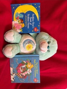 Vintage Care Bear Bedtime Plush 13"  Green Moon Sun Kenner 1983 + 2 Books